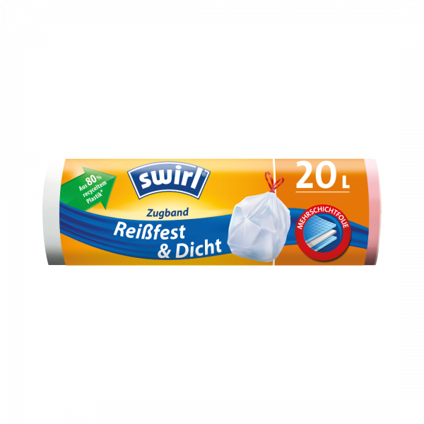 Swirl Muellbeutel Reissfest und Dicht 20 Liter, mit Zugband, weiss und blickdicht, 45 x 50 cm, aus 80 Prozent recyceltem Plastik, 15 Beutel